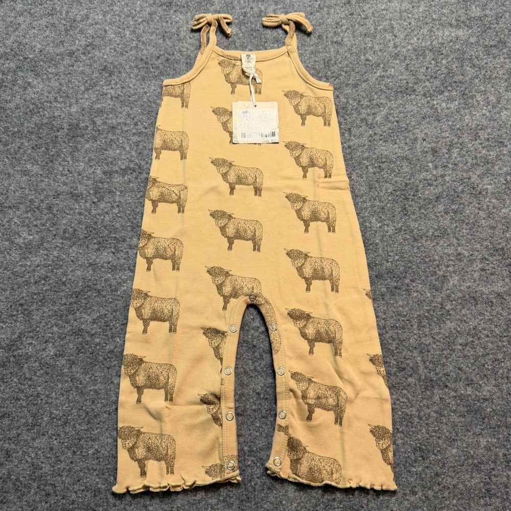 KATE QUINN Highland Cow Spaghetti‎ Tie Lettuce Jumpsuit Neutral Organic 12-18M